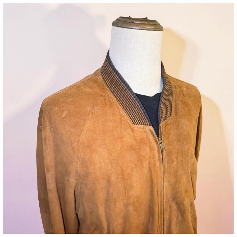 Bijan Men’s Goatskin Suede Bomber Jacket Caramel Cognac Rib Knit Luxury | Large - Picture 10 of 13